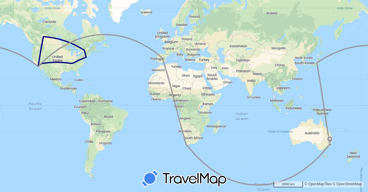 TravelMap itinerary: driving, plane in Australia, Canada, Spain, Japan, United States, South Africa (Africa, Asia, Europe, North America, Oceania)